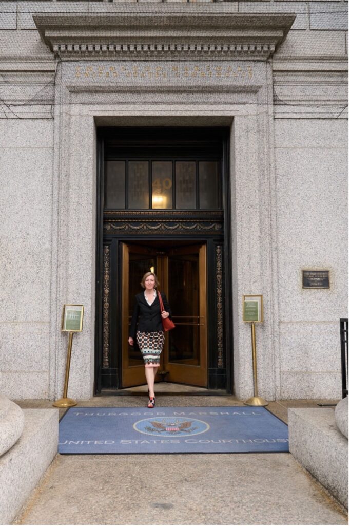 Sophia Solovyova exiting the Thurgood Marshall United States Courthouse in New York City.
